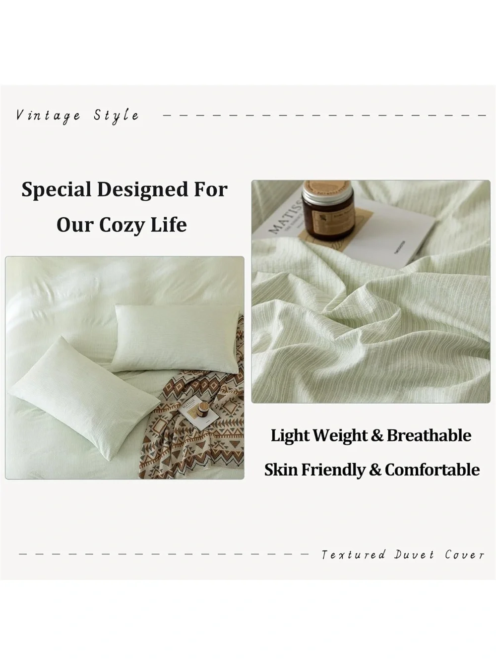 Vintage light Green Cotton duvet cover Set